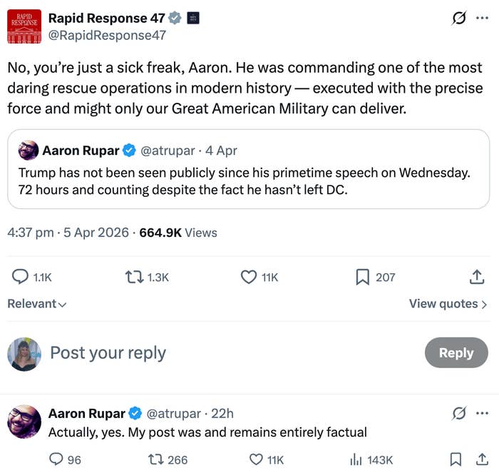 Screenshot of a Twitter speech   wherever  @RapidResponse47 criticizes @atrupar's tweet astir  Trump, and @atrupar replies affirming his tweet’s accuracy