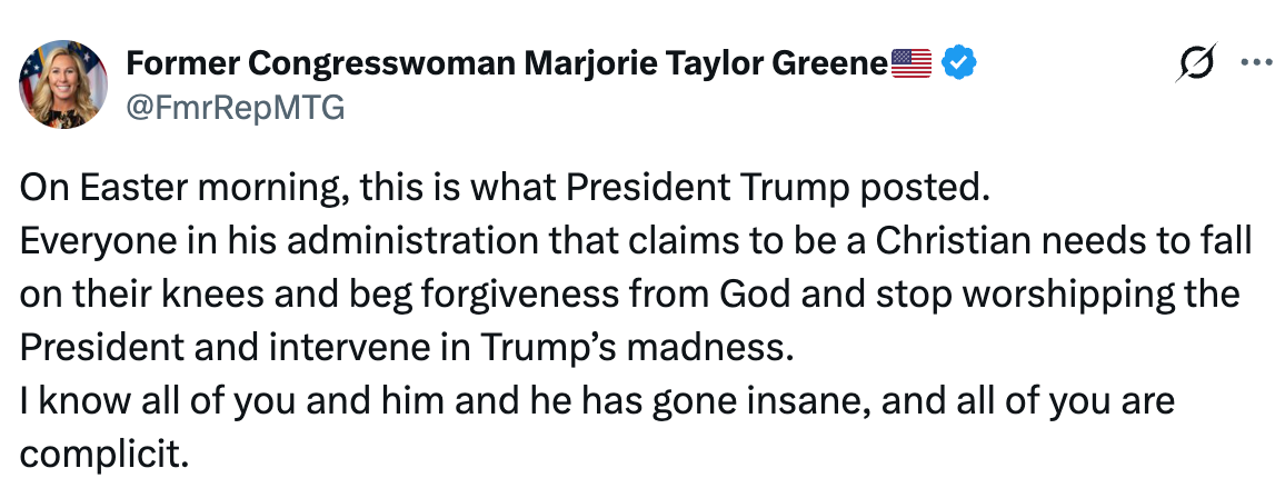 Tweet from Marjorie Taylor Greene criticizing Trump and his administration, urging repentance and involution  owed  to his behavior