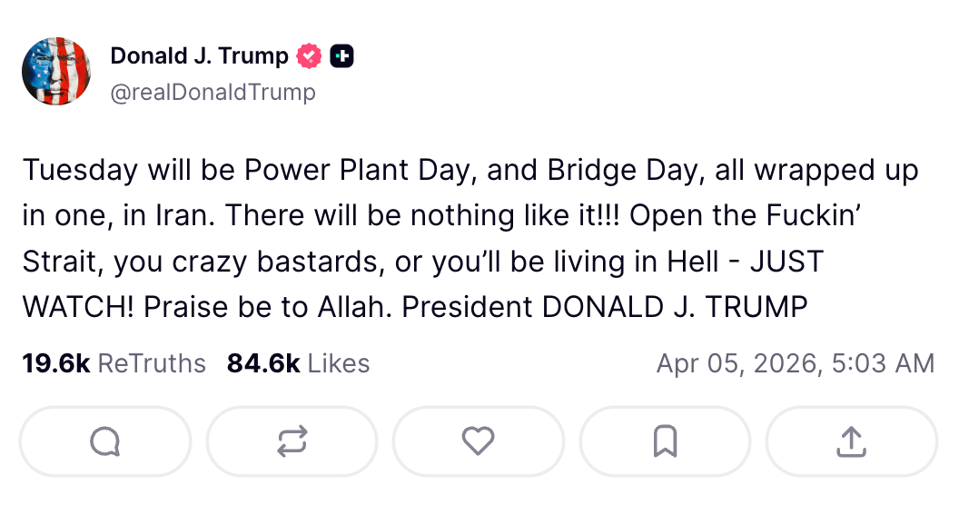 Skjermbilde av et innlegg i sosiale medier datert 5. april 2026, med truende og provoserende språk om en hendelse i Iran