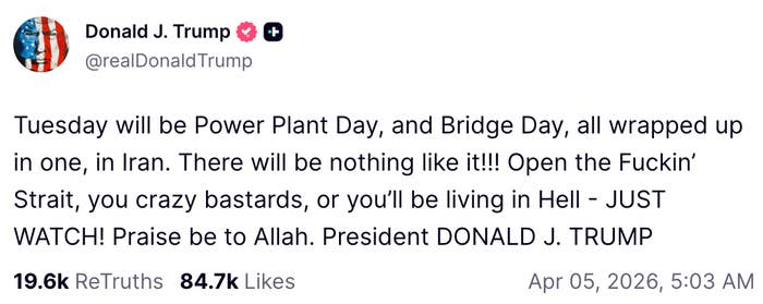 Tweet by Donald J. Trump astir  an lawsuit   successful  Iran called Power Plant Day and Bridge Day, with a beardown  warning