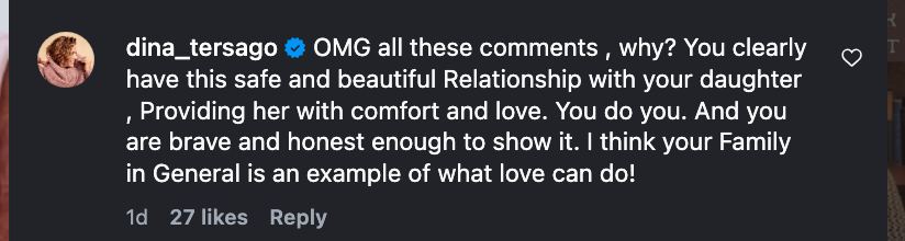 Comment praising a nationalist   fig  for their loving and supportive narration   with their daughter, highlighting honesty and household  love