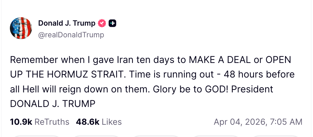 Tweet av Donald J. Trump som advarer Iran om å åpne Hormuzstredet innen 48 timer eller møte konsekvenser