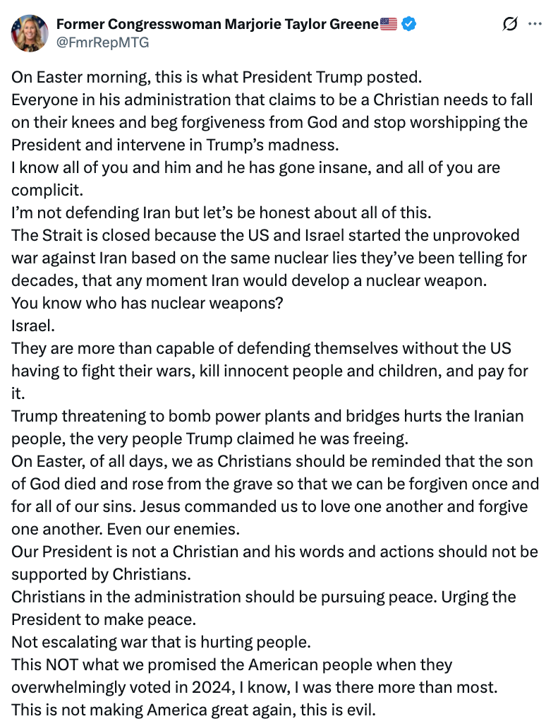 Summary of connection    by Former Congresswoman Marjorie Taylor Greene criticizing a tweet from President Trump, discussing Christianity, U.S.-Iran relations, and subject   actions