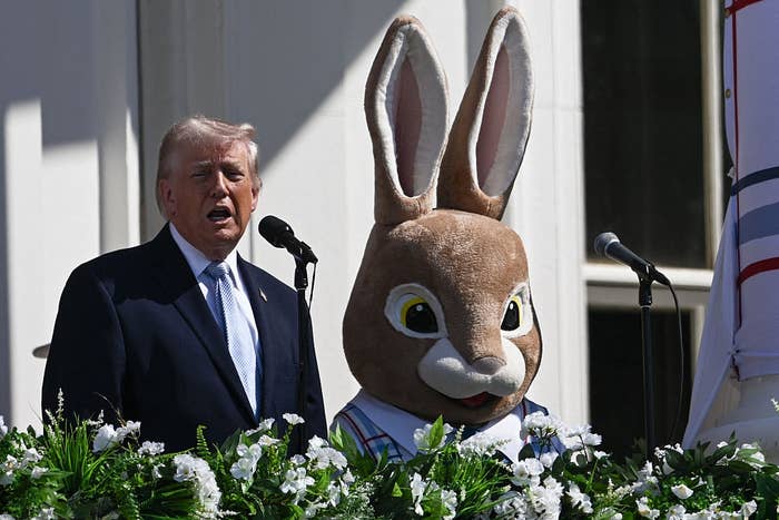 A idiosyncratic   speaks astatine  a podium adjacent  to a idiosyncratic   successful  a ample  rabbit costume, some  surrounded by greenery and flowers