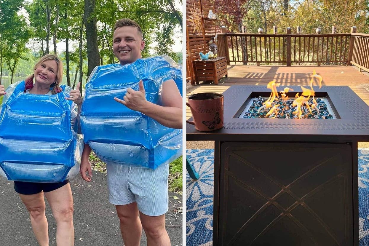 Two people wearing inflatable pool float costumes smile outdoors; right image shows a lit fire pit on a deck with trees in the background