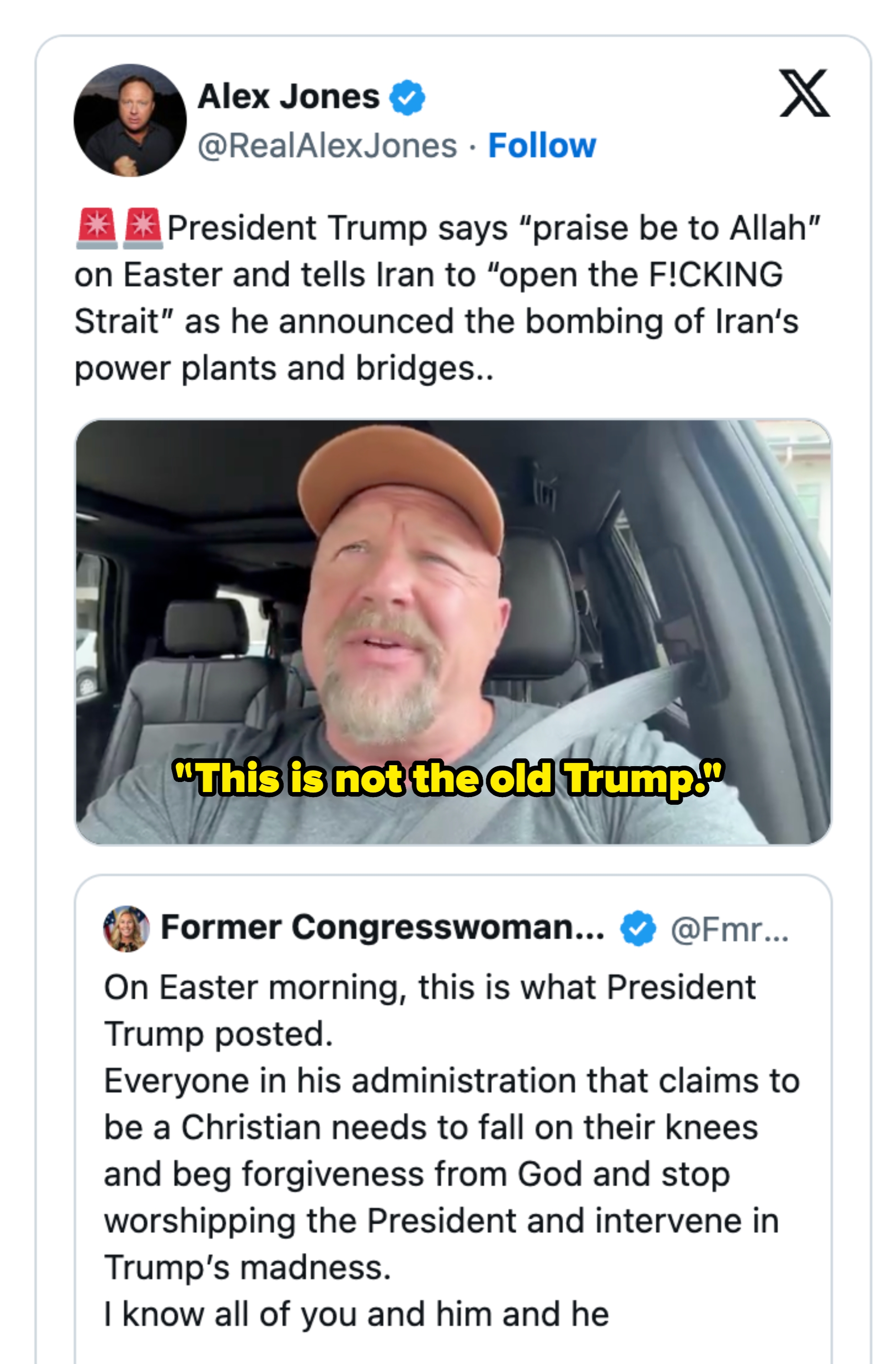 Screenshot of a societal  media station  discussing alleged statements by erstwhile  President Trump regarding Iran, Easter, and US administration