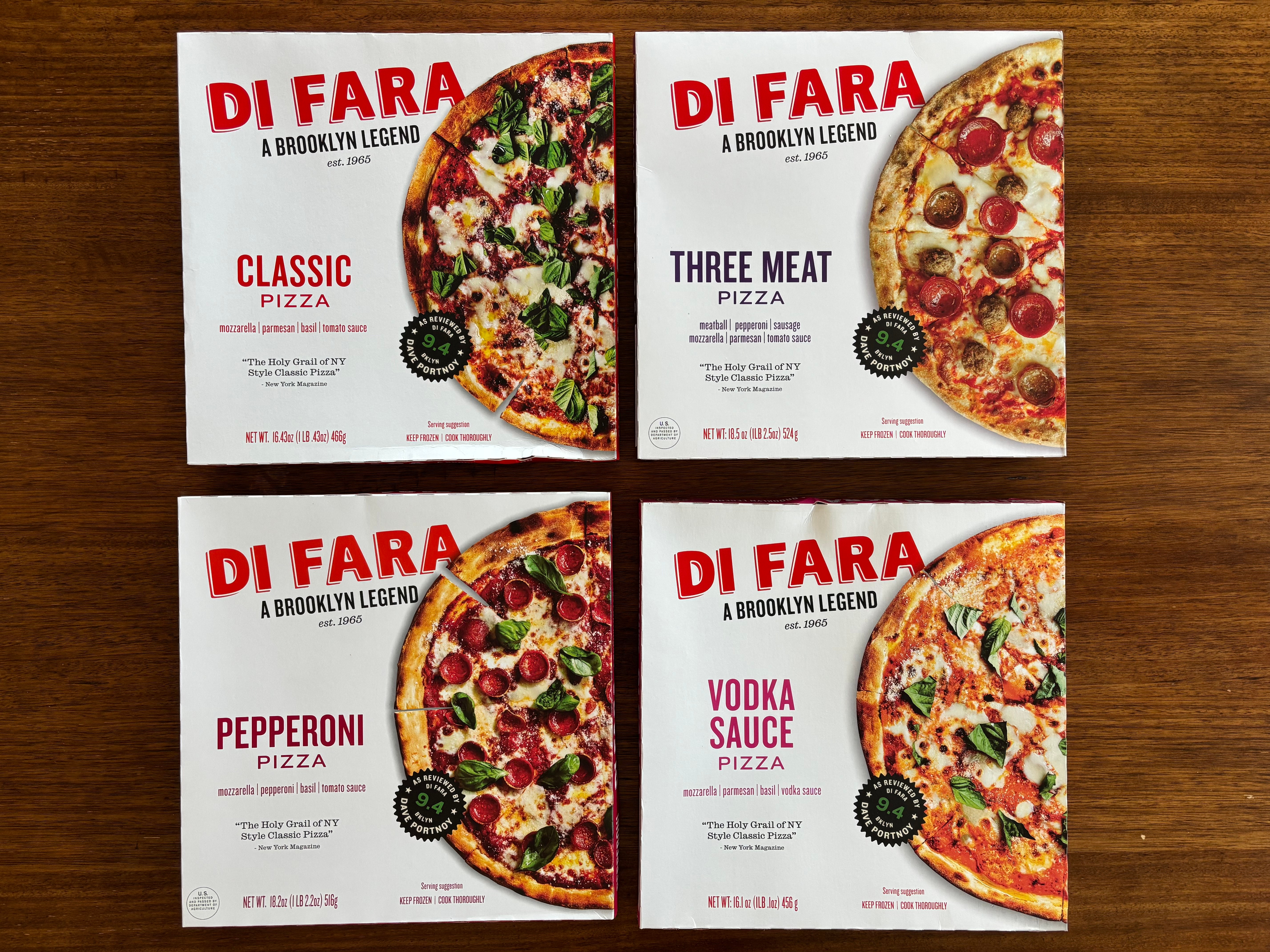 Four frozen pizza boxes displayed: Classic, Three Meat, Pepperoni, and Vodka Sauce flavors from Di Fara, described as "A Brooklyn Legend."