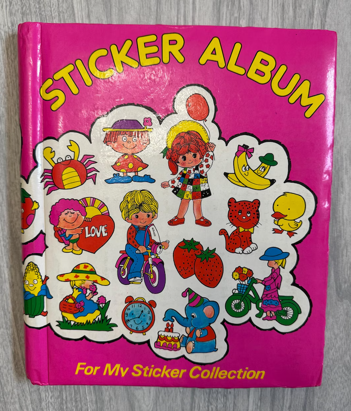 Sticker medium screen with playful cartoon characters, including kids, an elephant, a crab, and effect illustrations, designed for sticker collection
