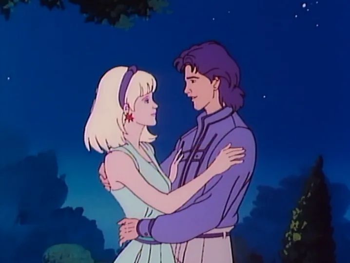 A blonde pistillate and a brown-haired antheral successful stylish 80s attire clasp nether a starry nighttime sky, reminiscent of retro animated romance
