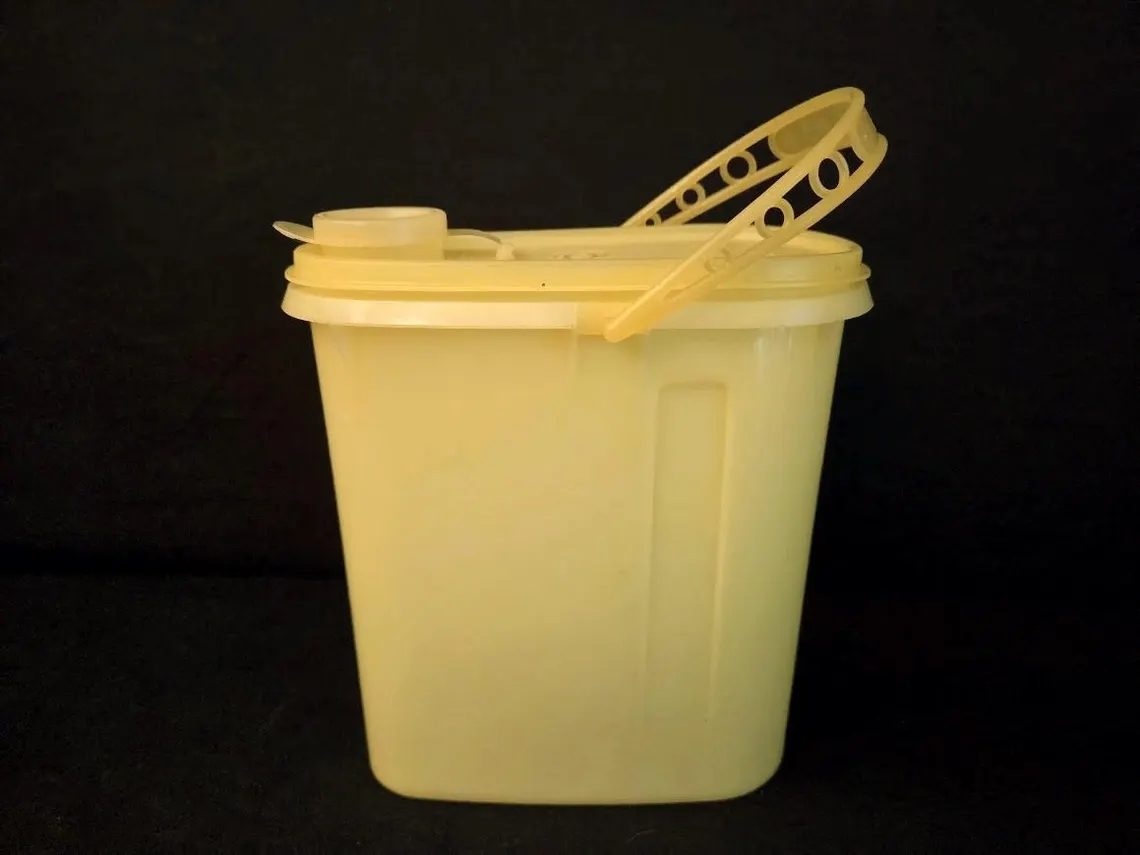 A vintage Tupperware instrumentality with a sealed lid and an attached handle, acceptable against a plain background