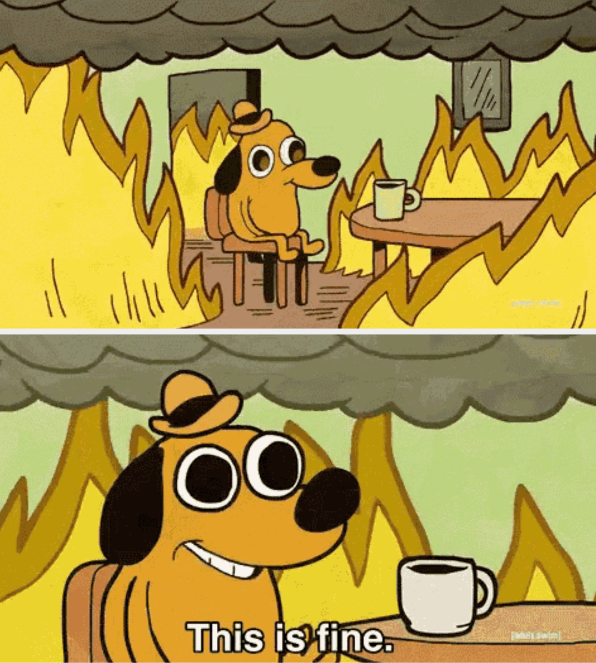 Tegneseriehund sitter ved et bord med et krus, omgitt av flammer, og sier: 