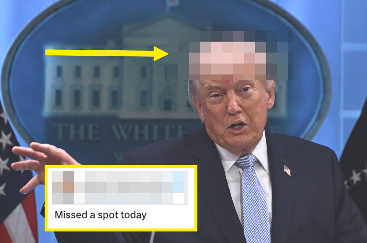 An individual gestures during a press briefing at a podium. A digitally added arrow points to the person's hair in front of a government building seal