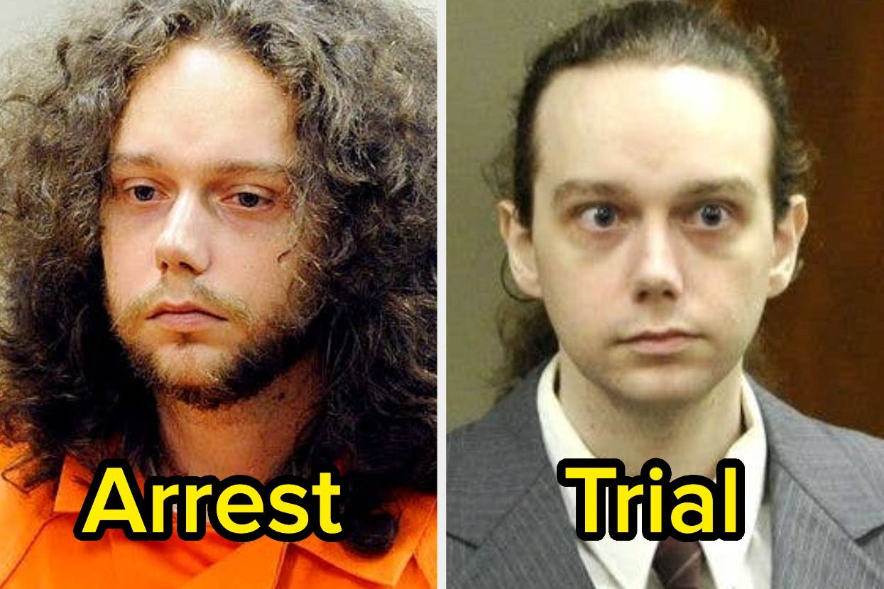 Two side-by-side images of a man during arrest and trial. First image: long curly hair and beard. Second image: tied-back hair, clean-shaven, in suit