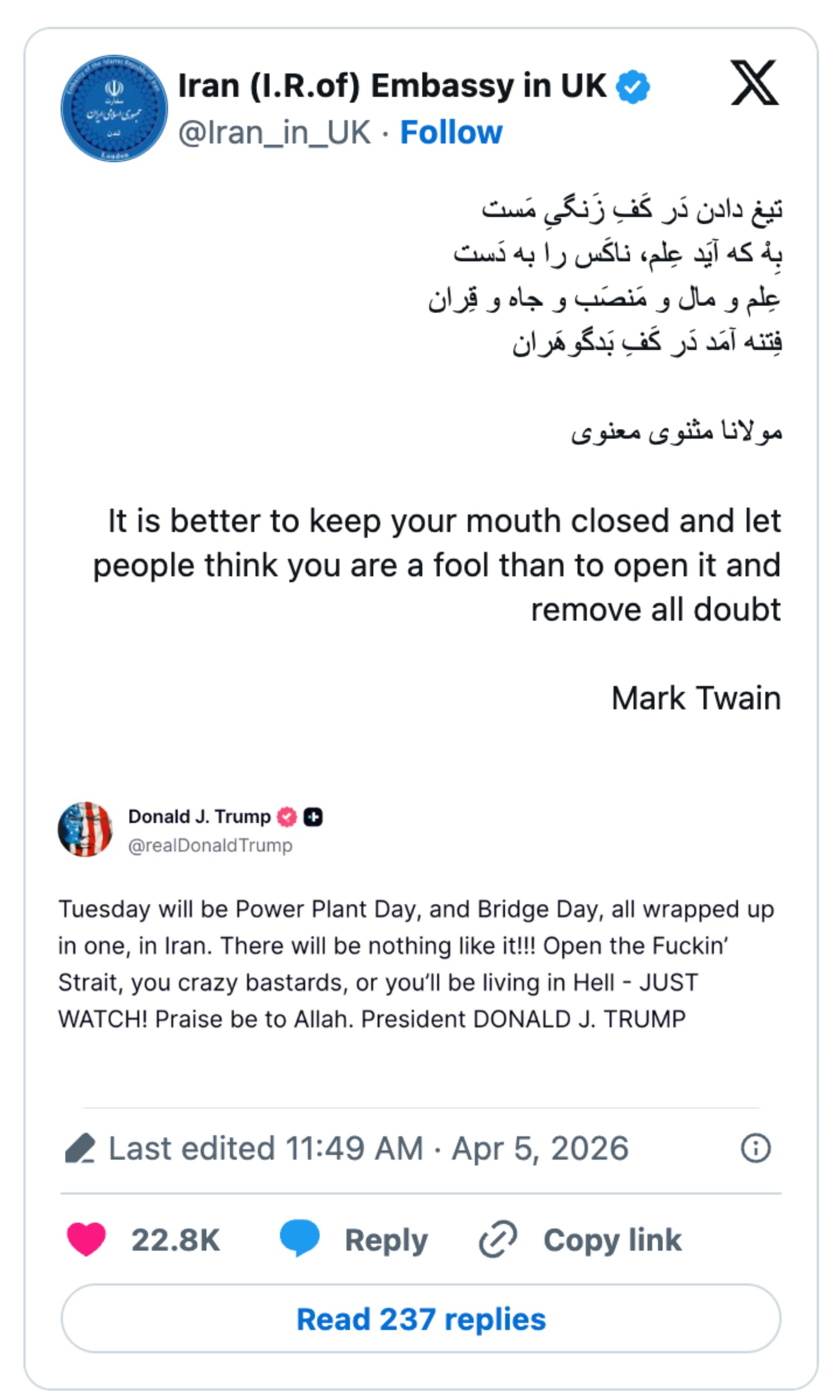 En tweet fra Irans ambassade i Storbritannia siterer Mark Twain om å holde seg taus, med delvis tekst fra en tweet av Donald J. Trump nedenfor