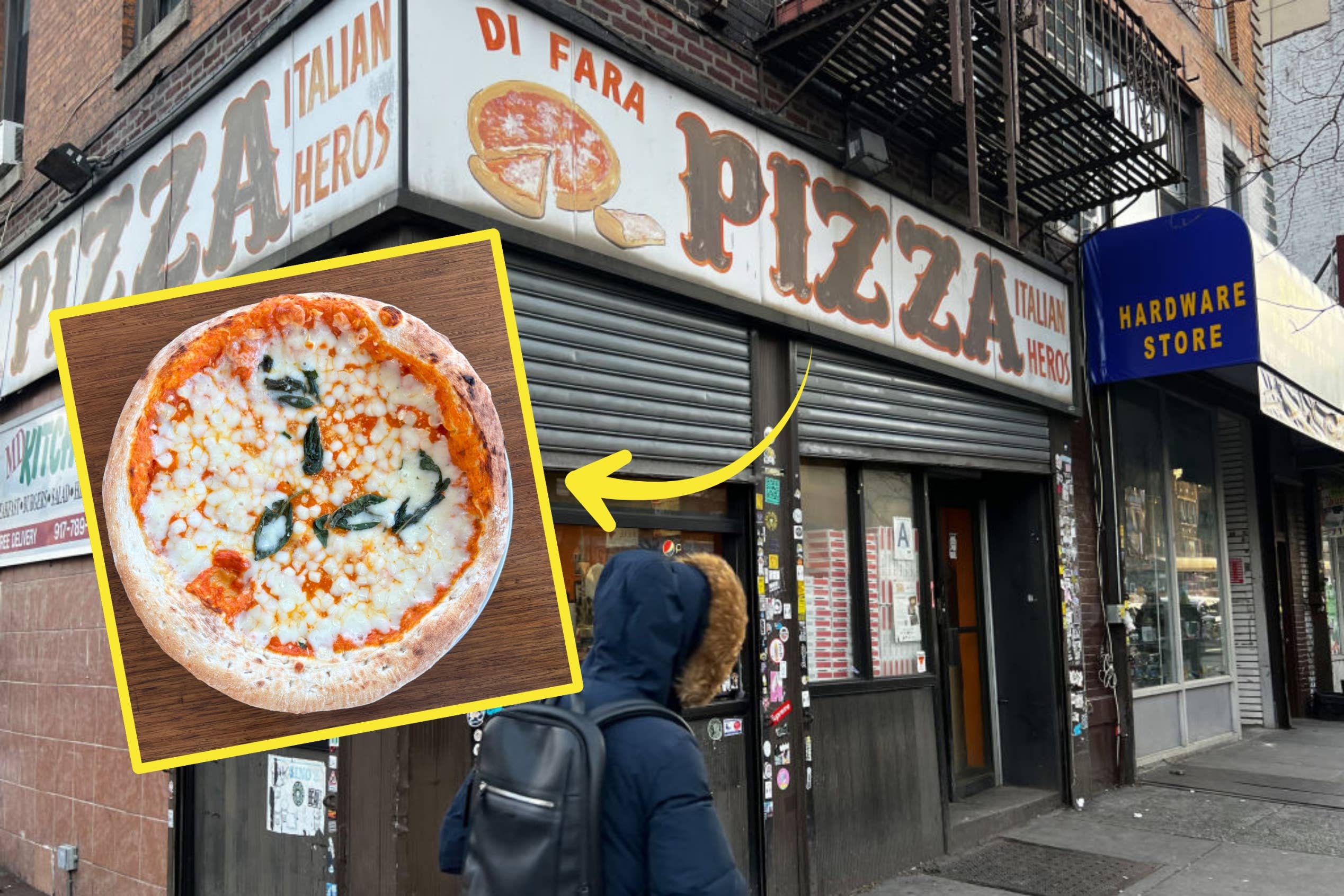 Exterior of a pizza shop with a sign showing "Di Fara Pizza." Inset image of a pizza with cheese and basil