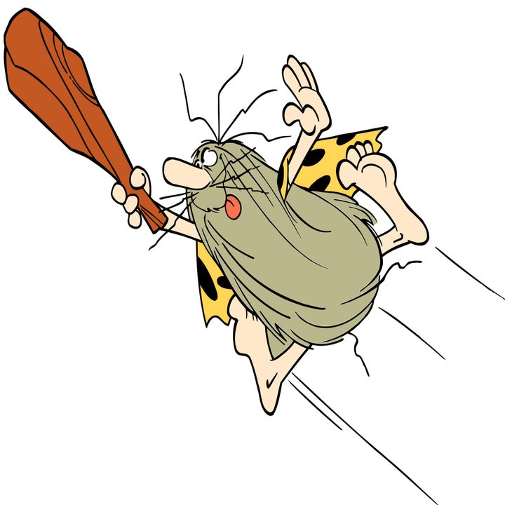 Desenho de um homem das cavernas com cabelo selvagem, vestindo uma túnica simples, correndo enquanto segura um porrete, apresentando movimento dinâmico