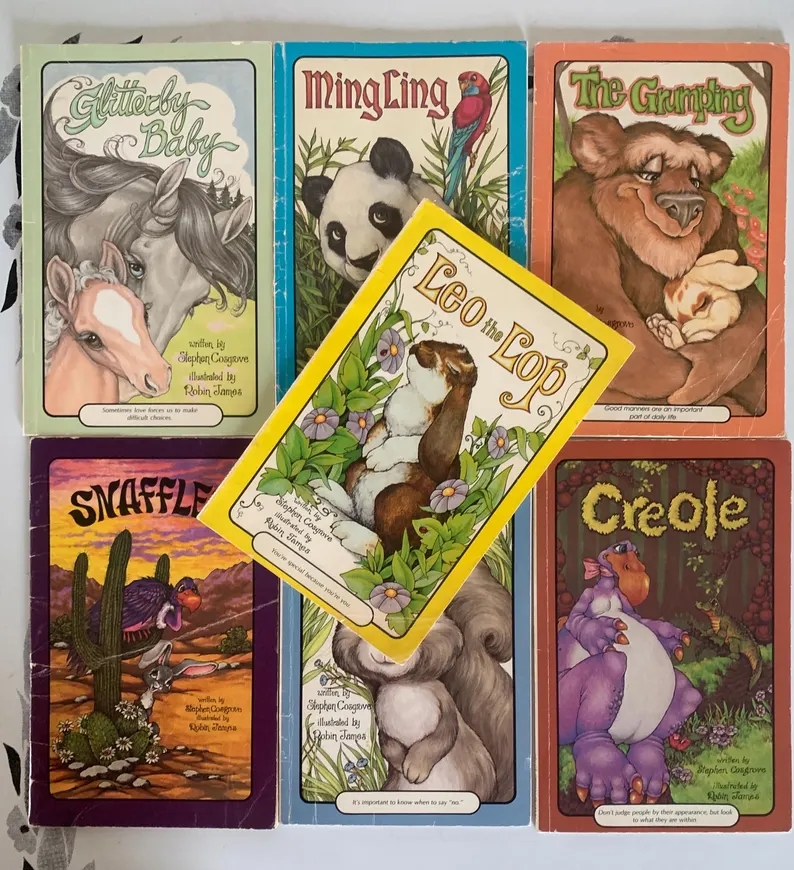 Collection of six nostalgic children's books with whimsical carnal characters and titles similar "Snaffle" and "Leo the Lop."