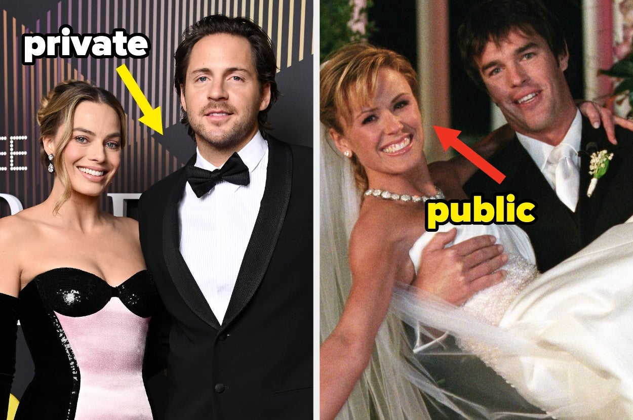 Split image of Margot Robbie and Tom Ackerley on the red carpet, and Trista and Ryan Sutter on their wedding day, text overlays with arrows: private / public