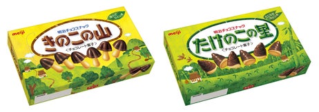 明治の「きのこの山」（左）と「たけのこの里」［同社提供］（時事）