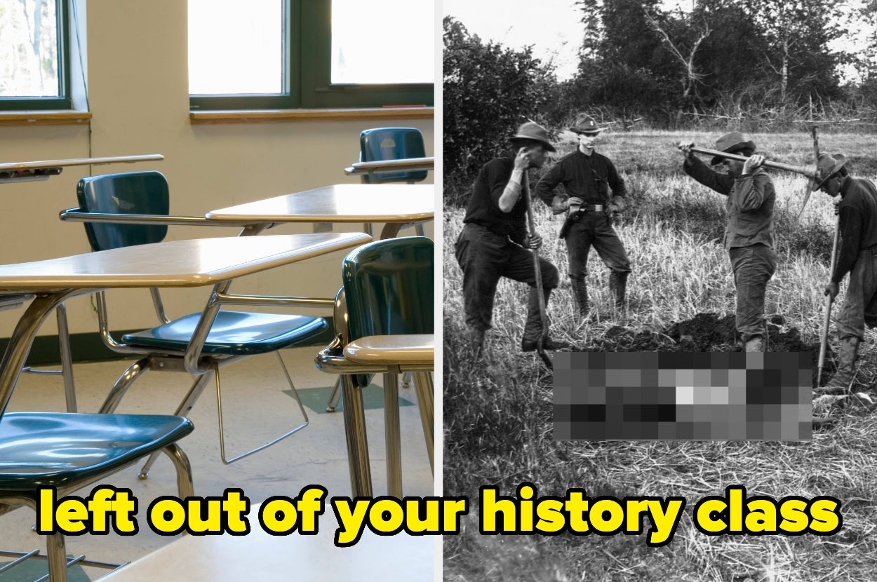 Empty classroom alongside historical photo of soldiers aiming guns, with text: "left out of your history class."