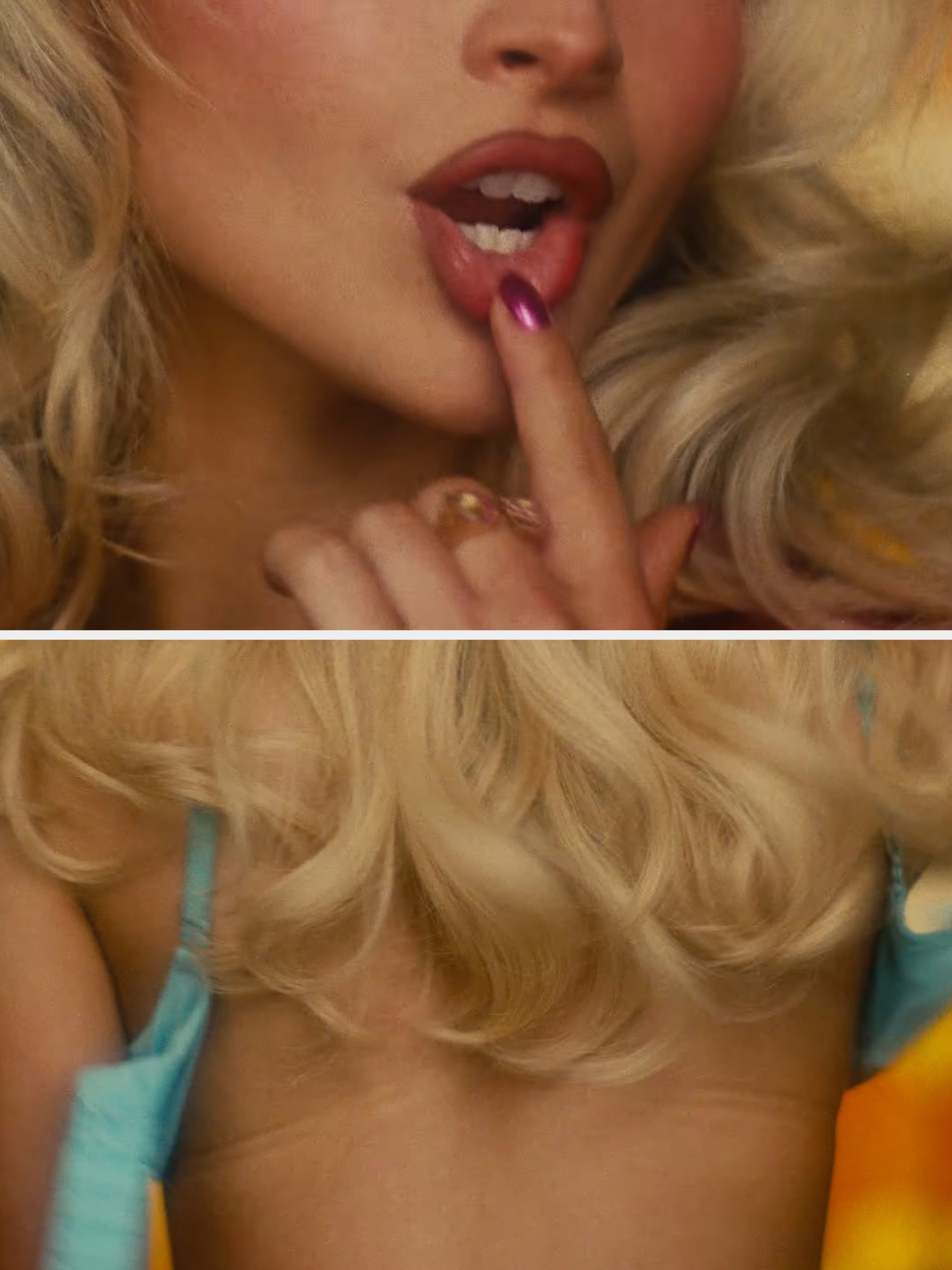 Person with long, wavy hairsbreadth touching their lips with a finger, showcasing glossy lips and stylish ring. Close-up shot