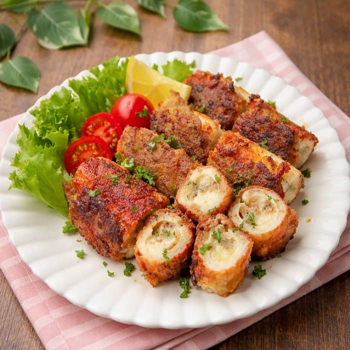 皿に盛られた揚げた肉料理、トマトやレタスが添えられている。