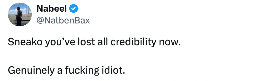 Tweet by Nabeel criticizing Sneako's credibility, utilizing beardown language
