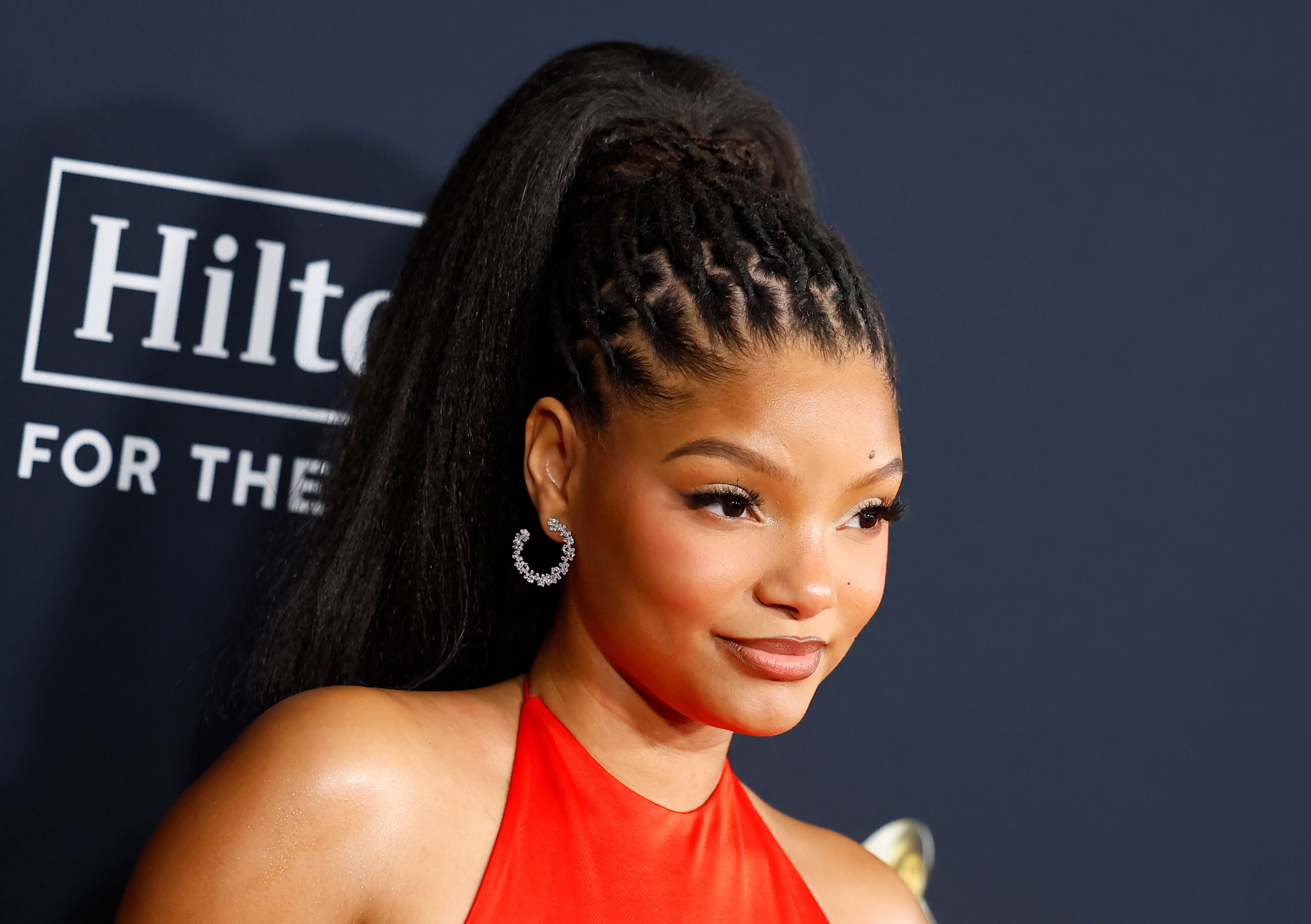 Person i en elegant, høy hestehale og rød grimekjole på en formell begivenhet