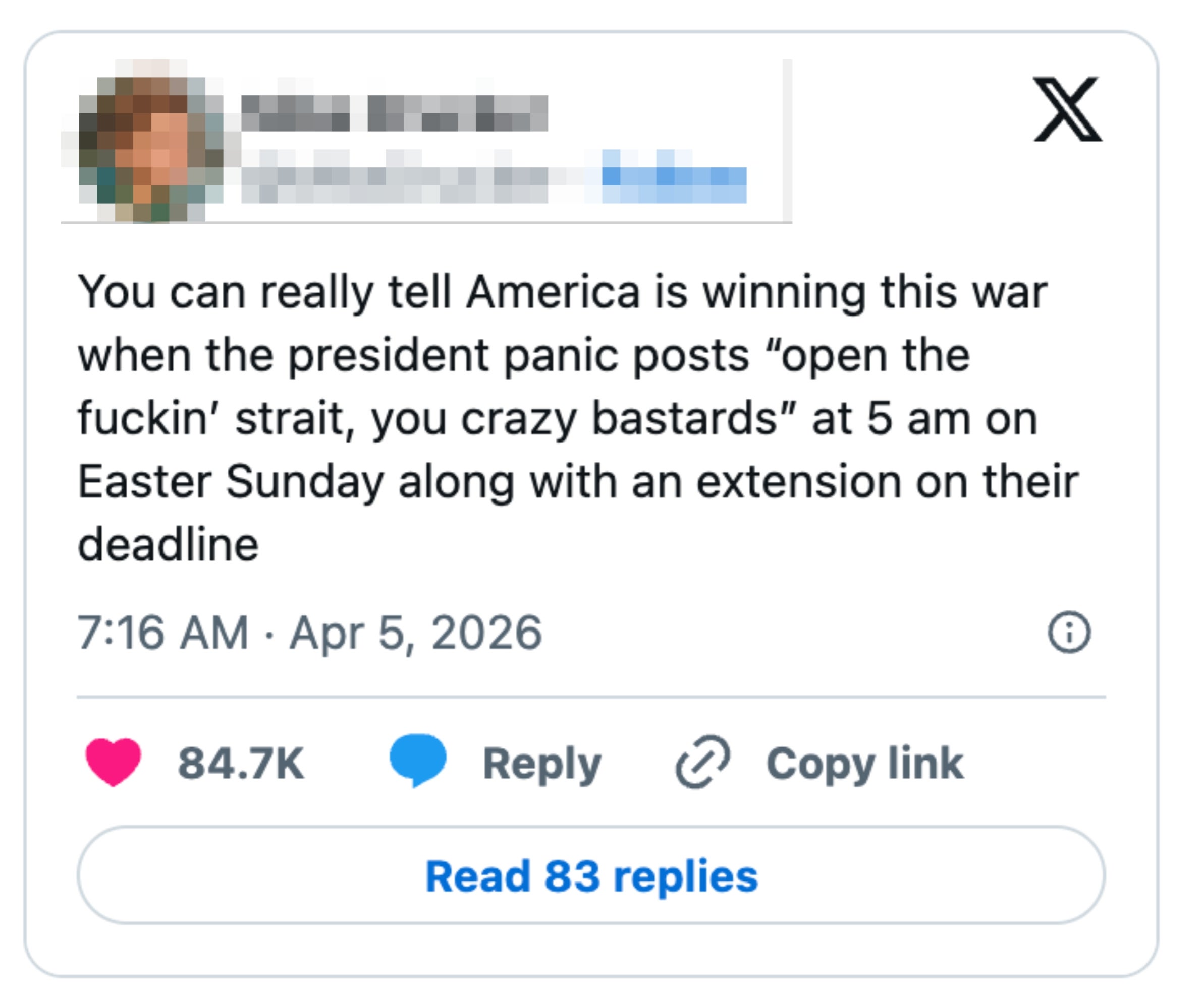 Tweet av Mike Drucker kommenterer humoristisk en presidents innlegg på sosiale medier sent på kvelden og fristforlengelse i løpet av påskesøndag 2026
