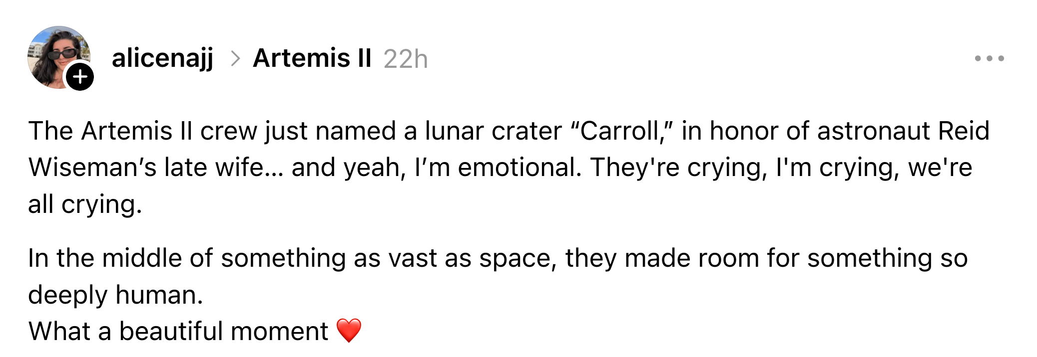 Innlegg på sosiale medier om Artemis II-mannskapet som navngir et månekrater 