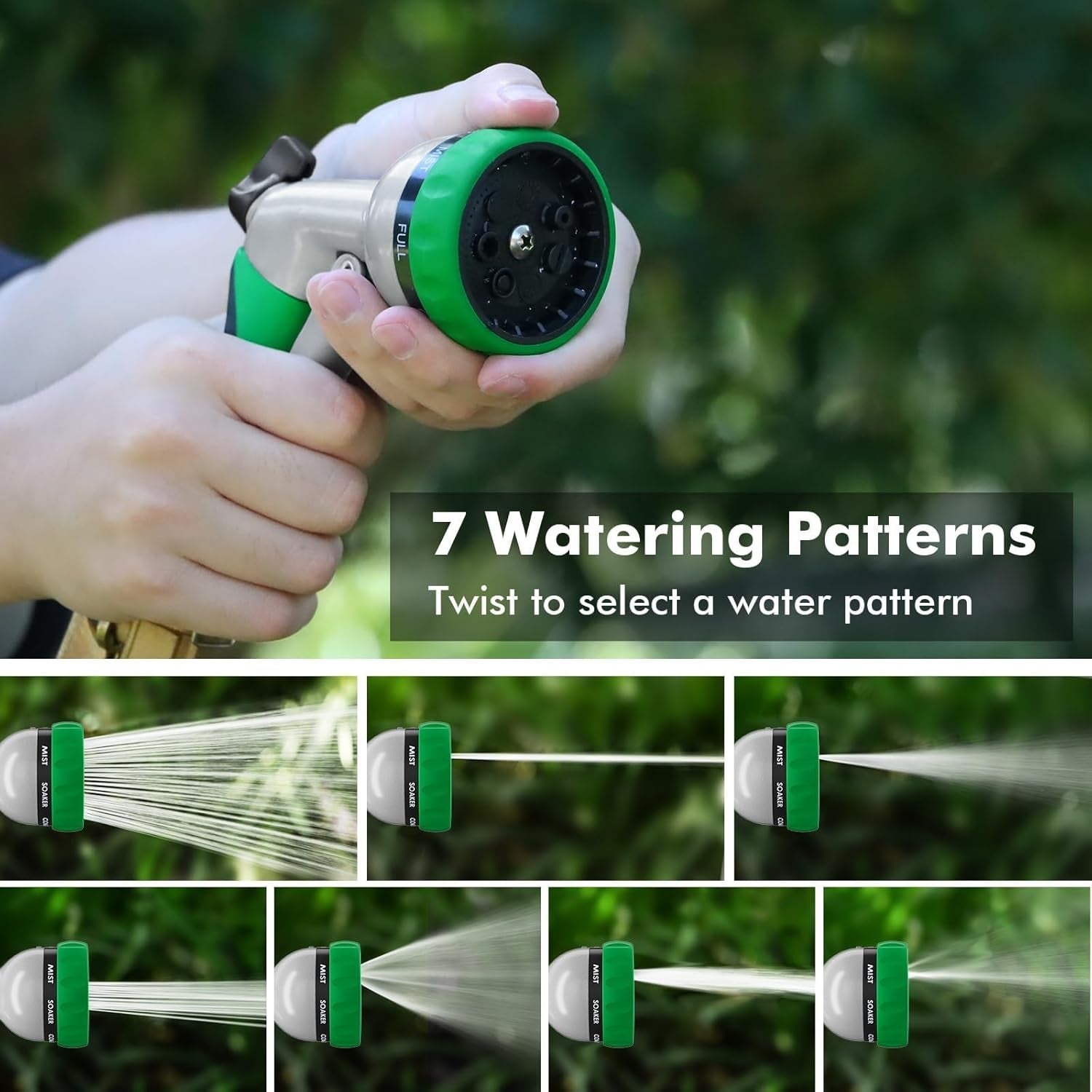 Hand holding a plot  hose nozzle with dial. Text highlights 