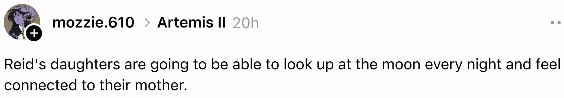 Kommentar fra mozzie.610 om Reids døtre som føler seg knyttet til moren sin ved å se på månen