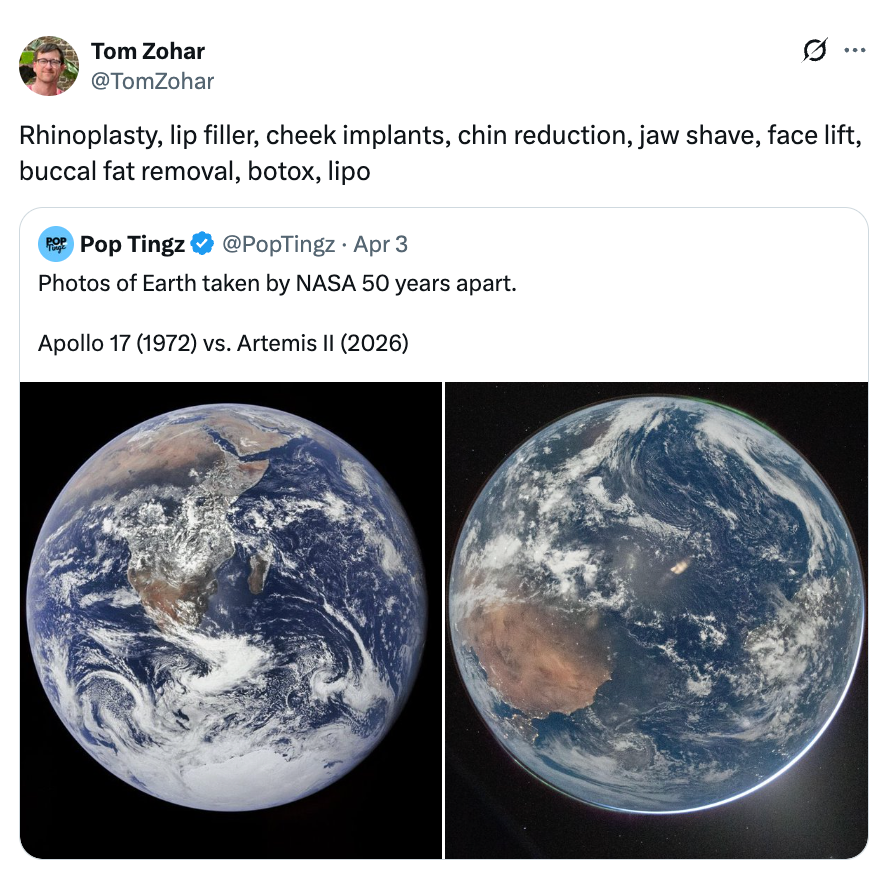 Side-by-side examination  of Earth photos from Apollo 17 (1972) and Artemis II (2026), emphasizing changes implicit    50 years