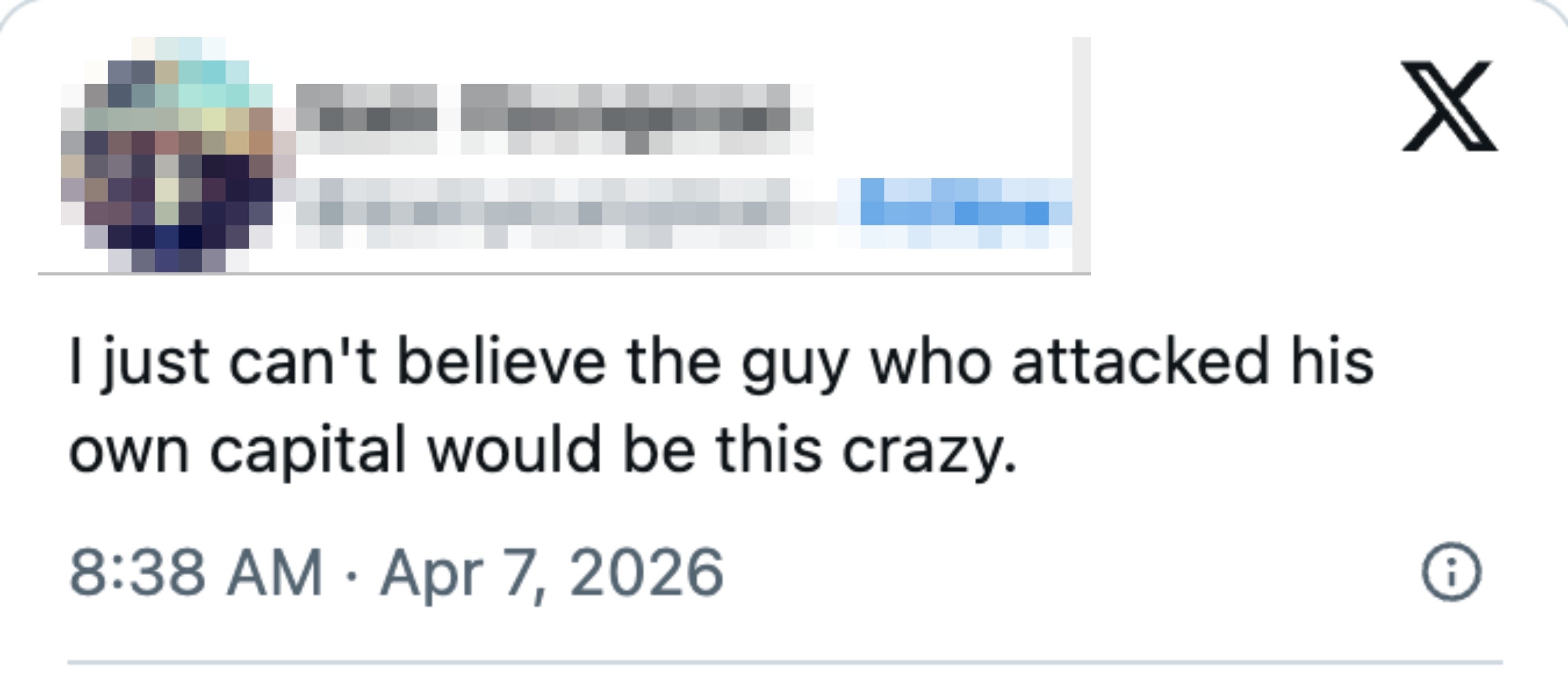 Tweet av Sam Youngman: «Jeg kan bare ikke tro at fyren som angrep sin egen hovedstad ville være så gal.» Tidsstempel: 08:38, 7. april 2026