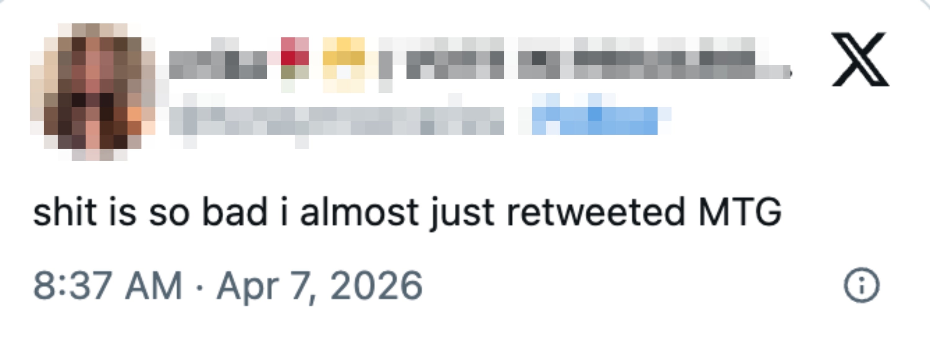 En tweet fra @honeymoonaries som fleiper med å retweete MTG på grunn av frustrasjon