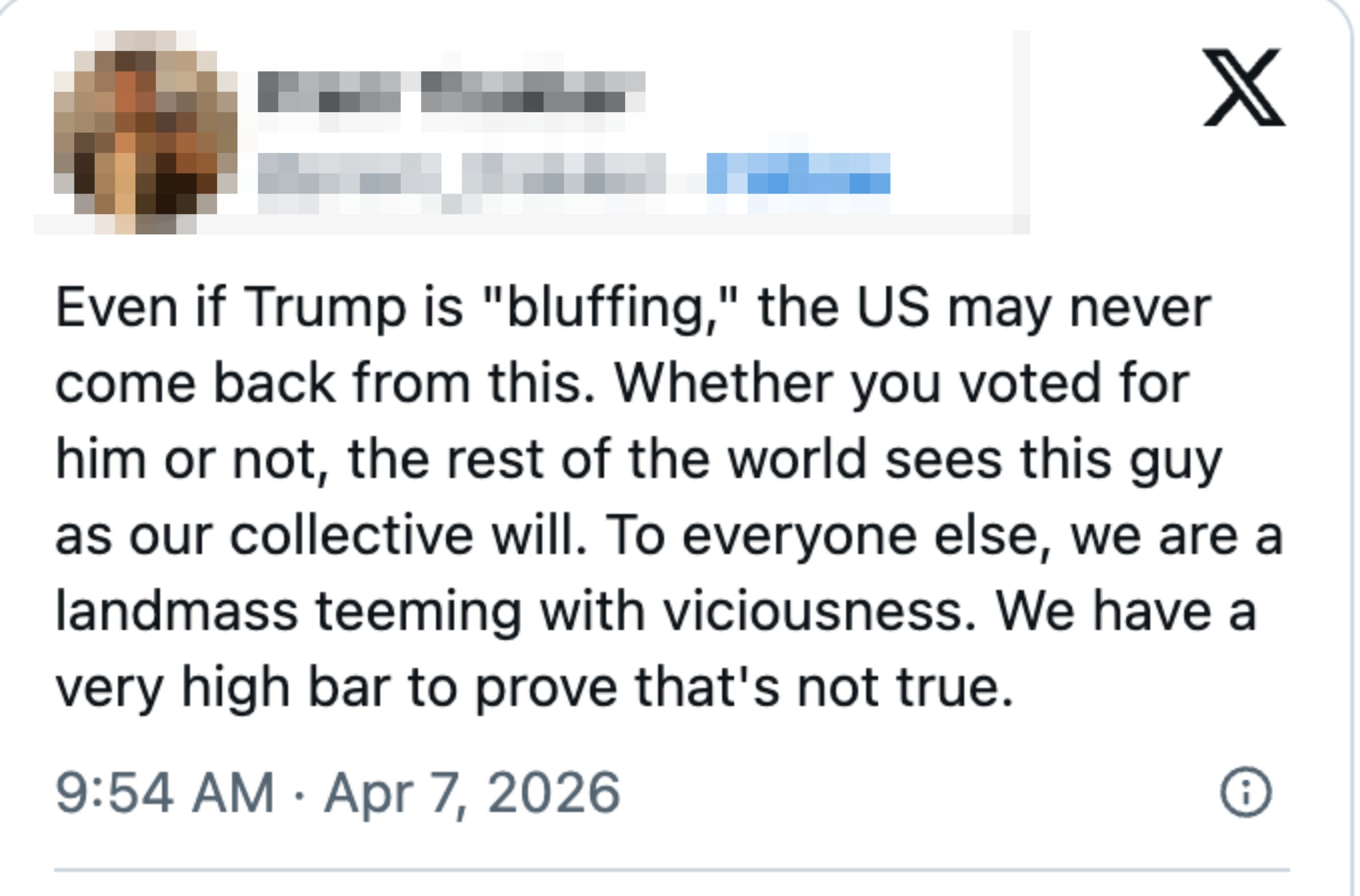 Sosiale medier-innlegg av Prem Thakker som diskuterer potensielle varige effekter av Trump på USAs globale image, uavhengig av stemmeholdning