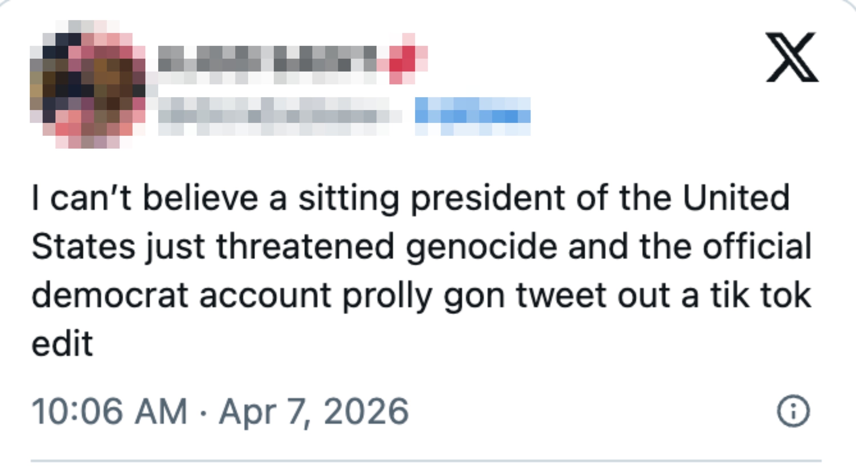 Twitter-innlegg: Brukeren uttrykker vantro til en amerikansk presidents kontroversielle handling, og antyder et avvisende TikTok-svar fra en politisk konto