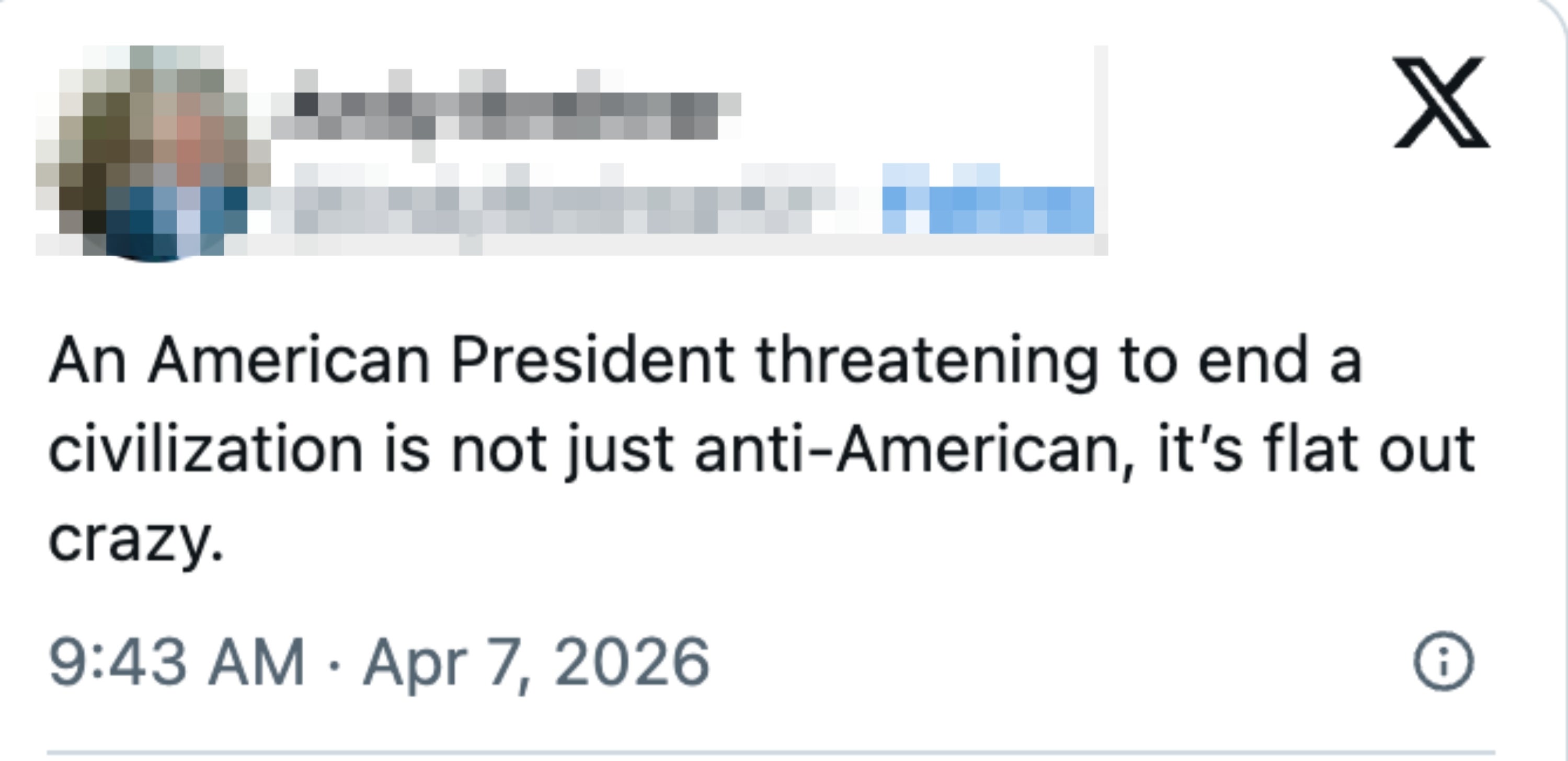 Tweet av Andy Beshear om en president som truer med å avslutte en sivilisasjon, som kaller den anti-amerikansk og gal, datert 7. april 2026
