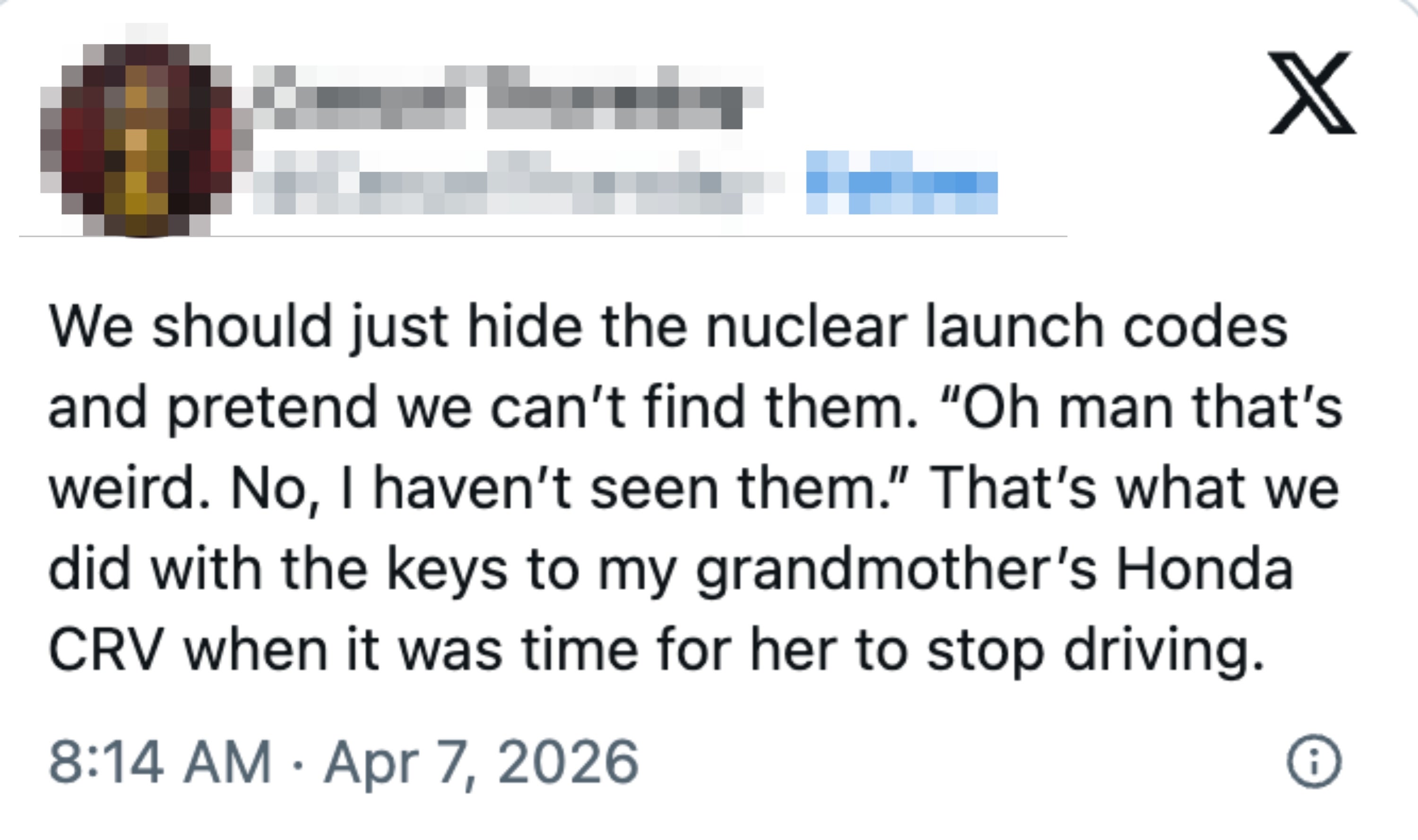 Tweet fra @CasualThursday: Foreslår å skjule atomkoder for å forhindre bruk, sammenligner det med å skjule nøkler til bestemors Honda CRV for å stoppe kjøringen hennes