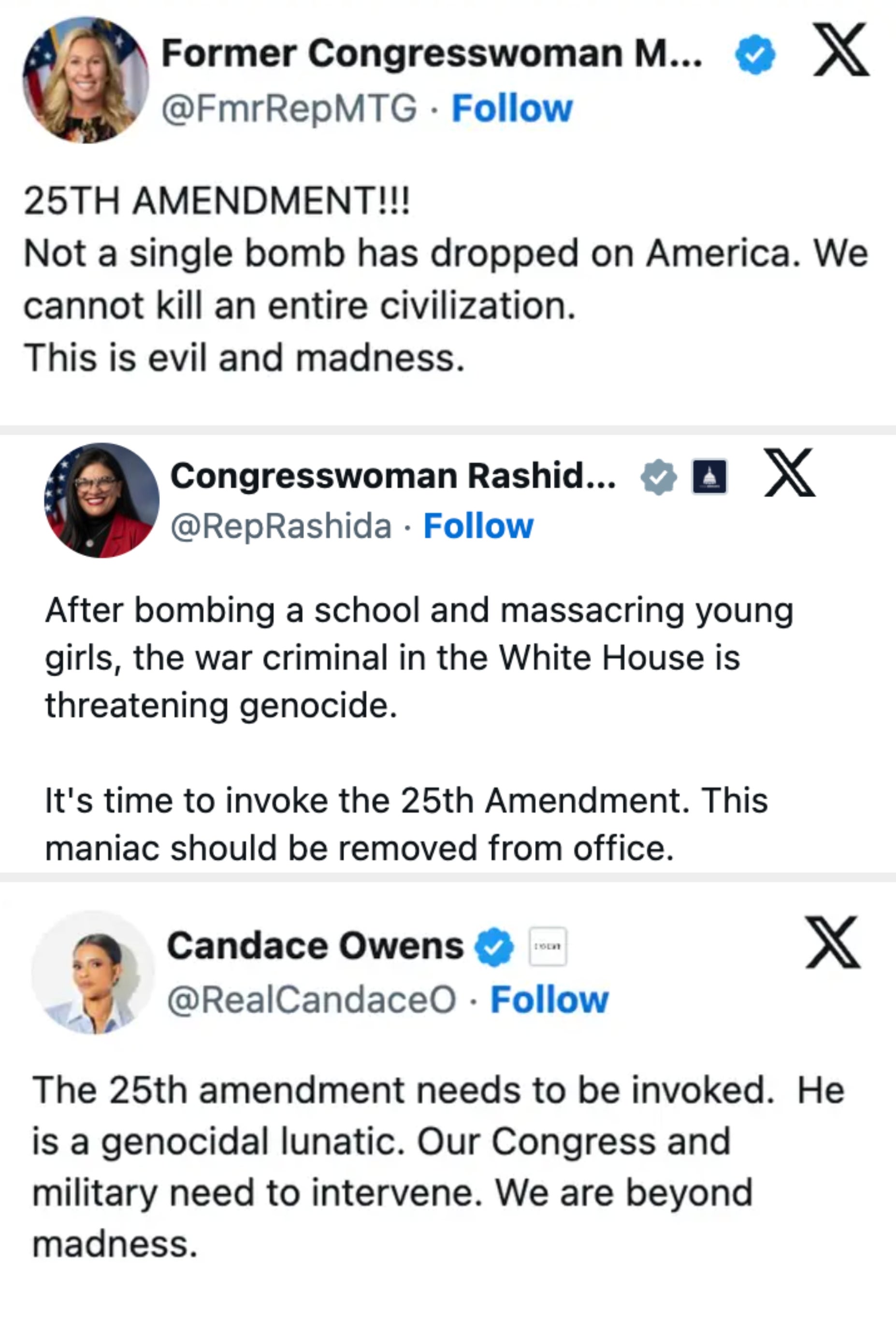 Tweet questioning the request for 25th Amendment, stating nary bombs person dropped connected America and condemning the thought arsenic evil and madness