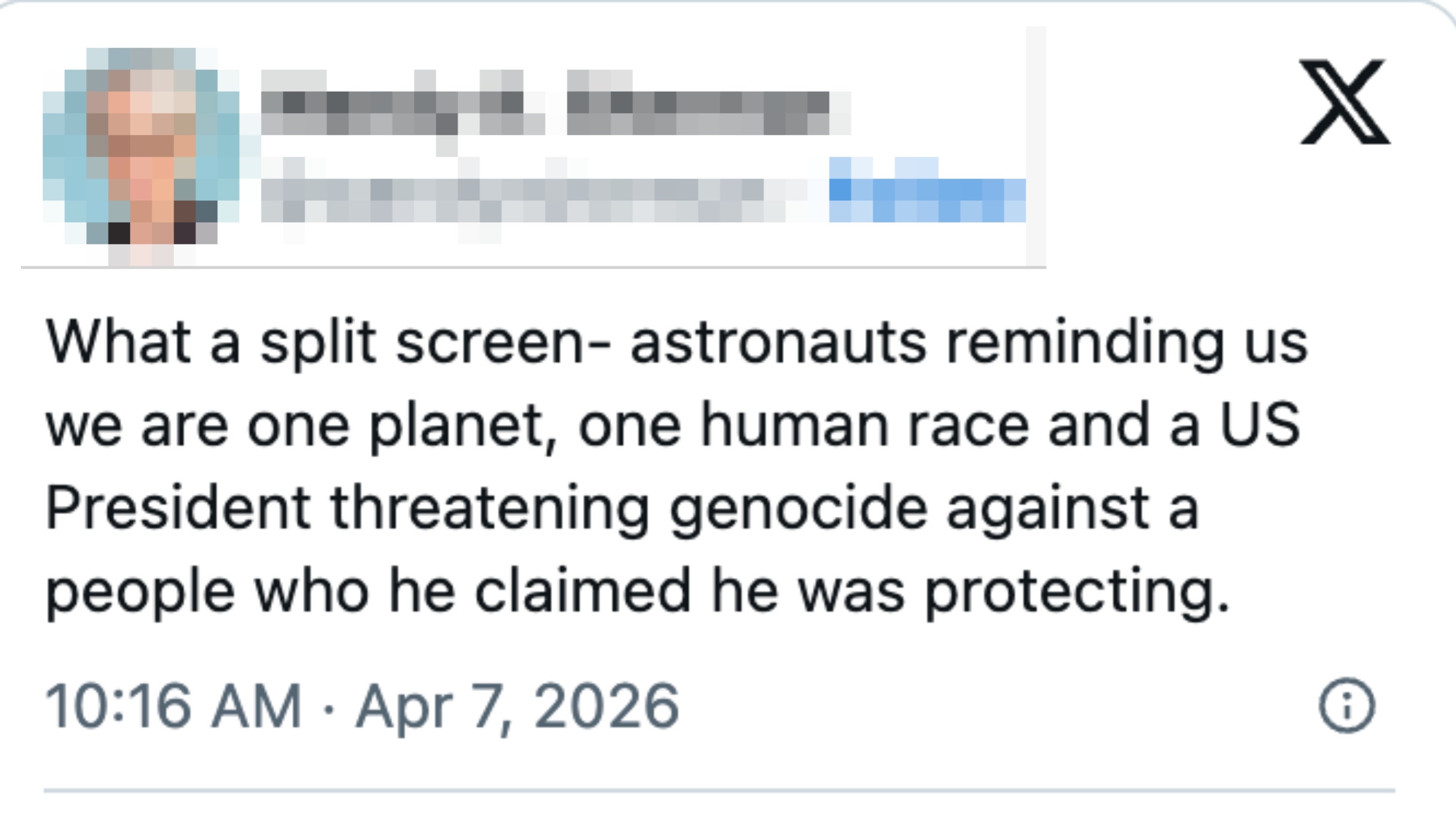 Tweet av Wendy R. Sherman som diskuterer en kontrast mellom astronauter som fremmer enhet og en amerikansk president som truer med folkemord