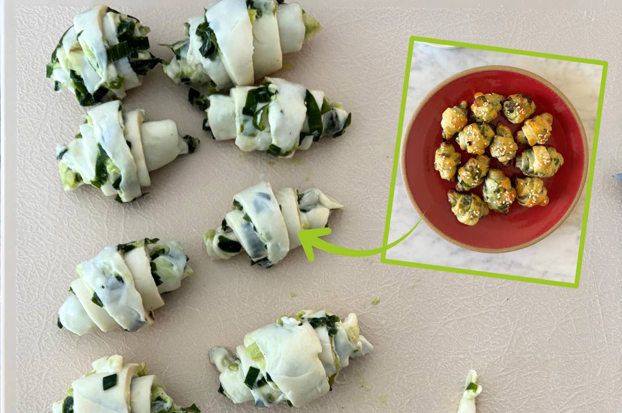 Crescent rolls with spinach filling on a prep board; inset shows baked rolls on a round plate