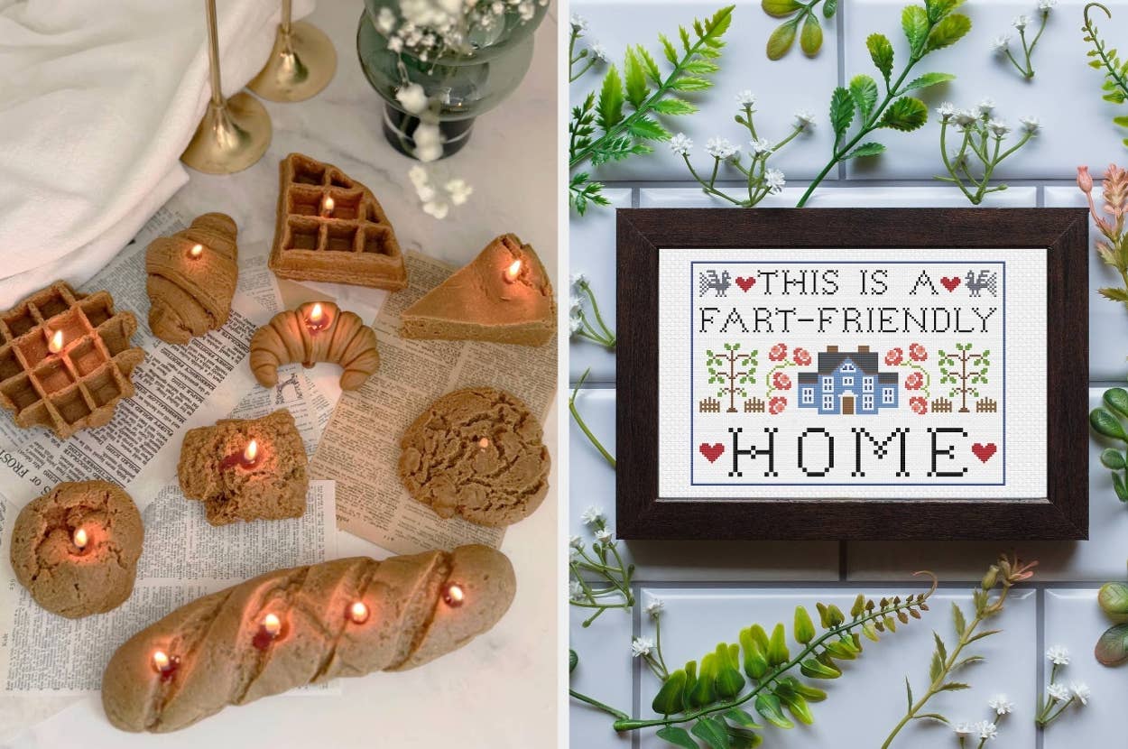 Left: Various baked goods used as candles on newspaper. Right: Framed cross-stitch saying "This is a fART-friendly home" with plant leaves