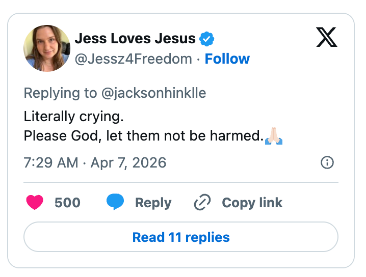 Tweet by Jess Loves Jesus, expressing emotion with "Literally crying. Please God, fto them not beryllium harmed." Includes praying hands emoji