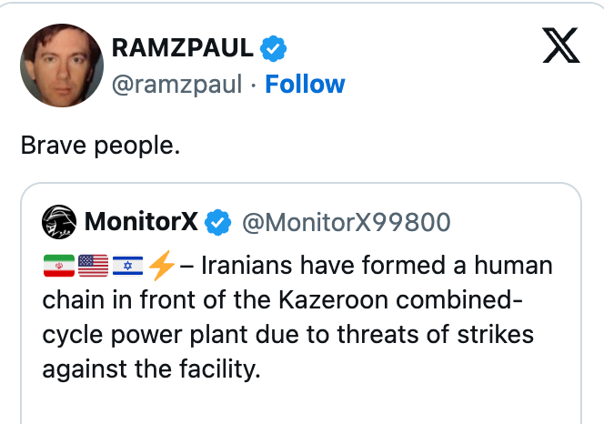 "Brave people." Shared station mentions Iranians forming a quality concatenation astatine Kazeroon powerfulness works amidst onslaught threats