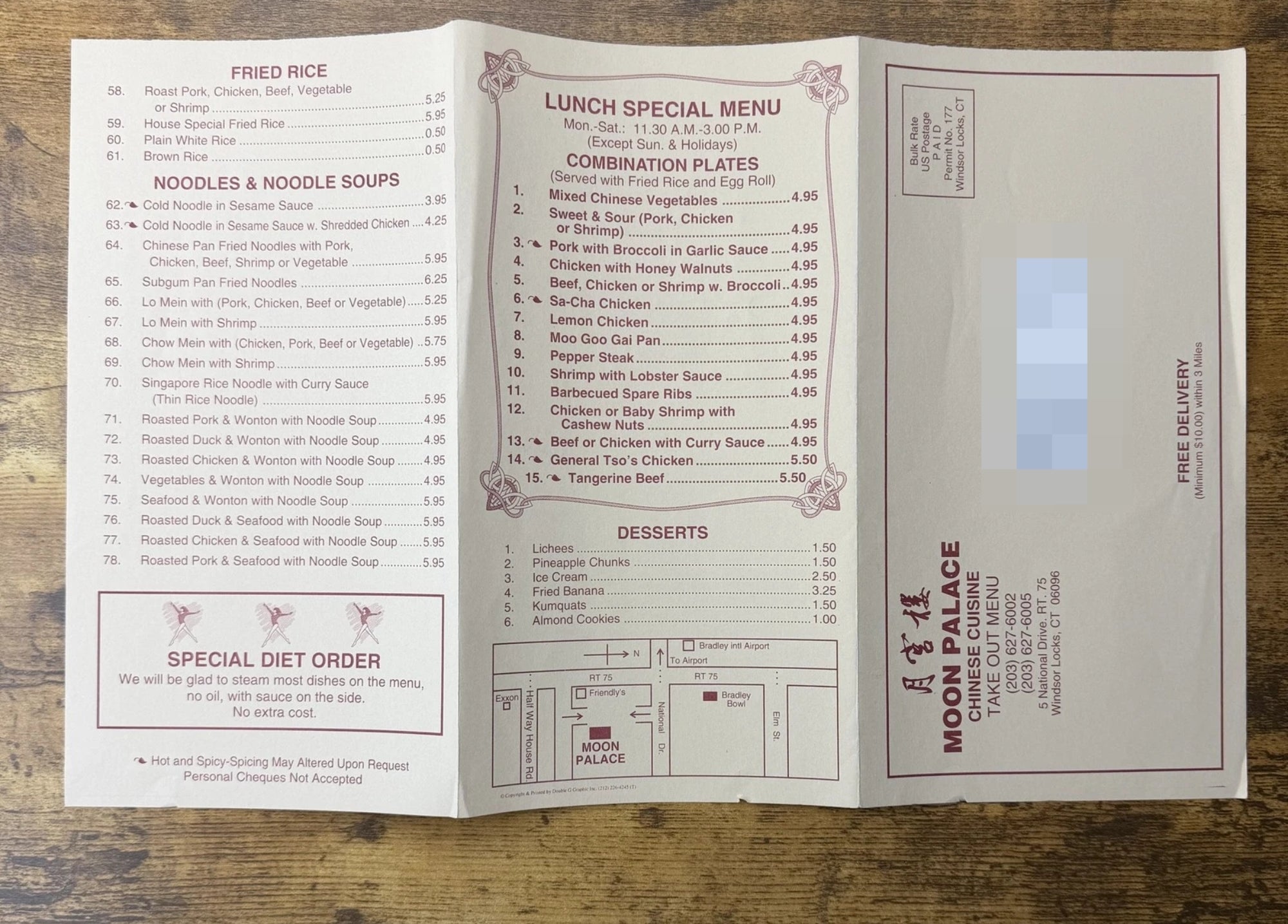 Restaurant paper showing fried rice, noodles, soups, operation plates, specials, and desserts. Includes a telephone fig and code for Moon Palace