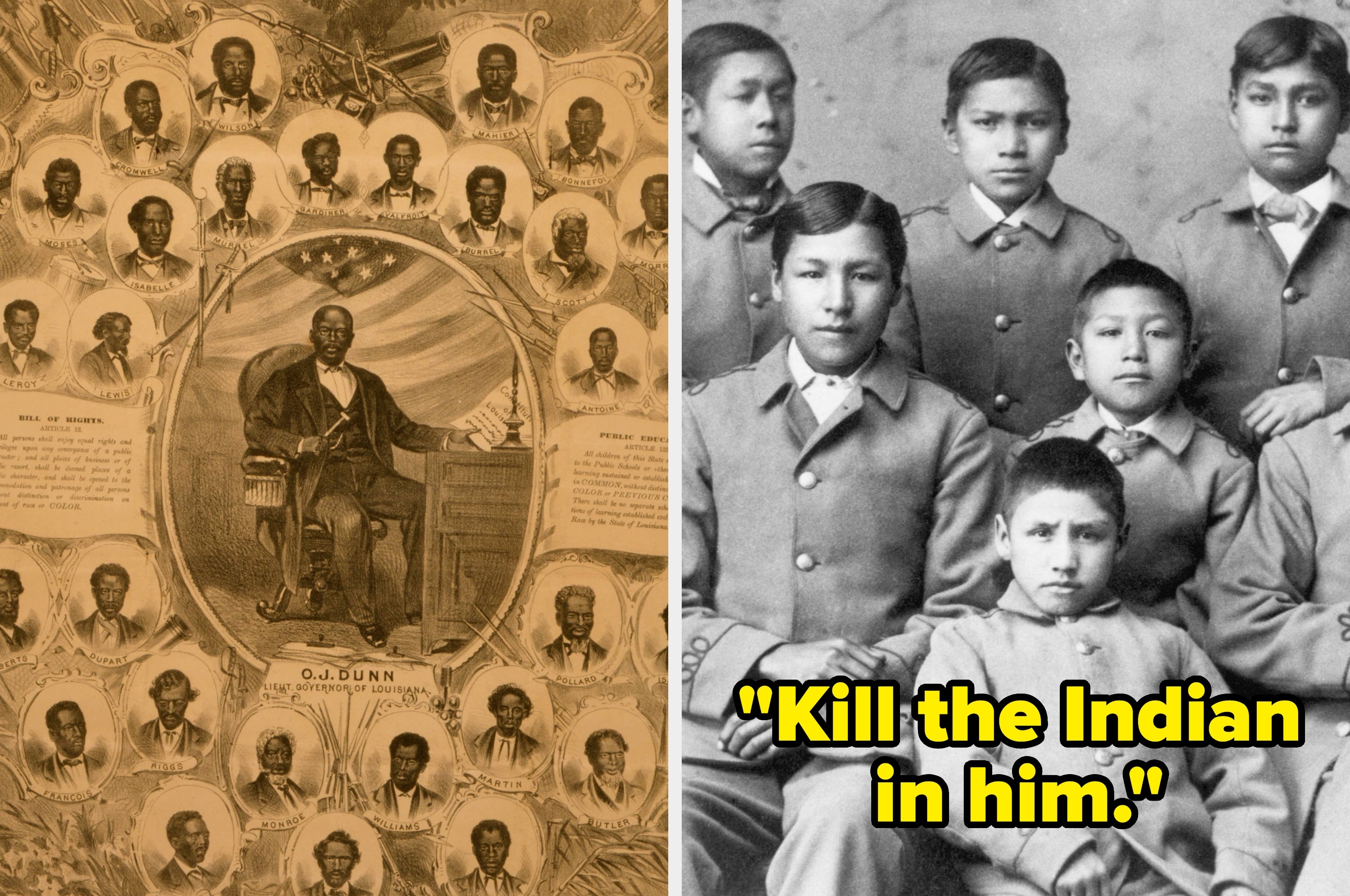 Historical collage of O.J. Dunn with a group of Native American children in uniforms. Text: "Kill the Indian in him."
