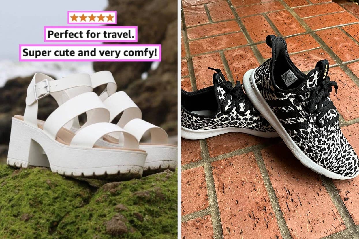 Side-by-side of platform sandals on grass and athletic sneakers on brick. Text praises style and comfort