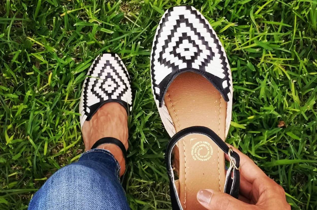 the ankle-strap woven shoes with black and white diamond pattern on the top