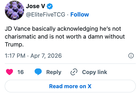 "JD Vance fundamentally acknowledging he's not charismatic and is not worthy a damn without Trump."